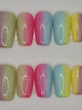 Small Short Coffin Press On Nails Celestial Color Bloom Handmade Rainbow